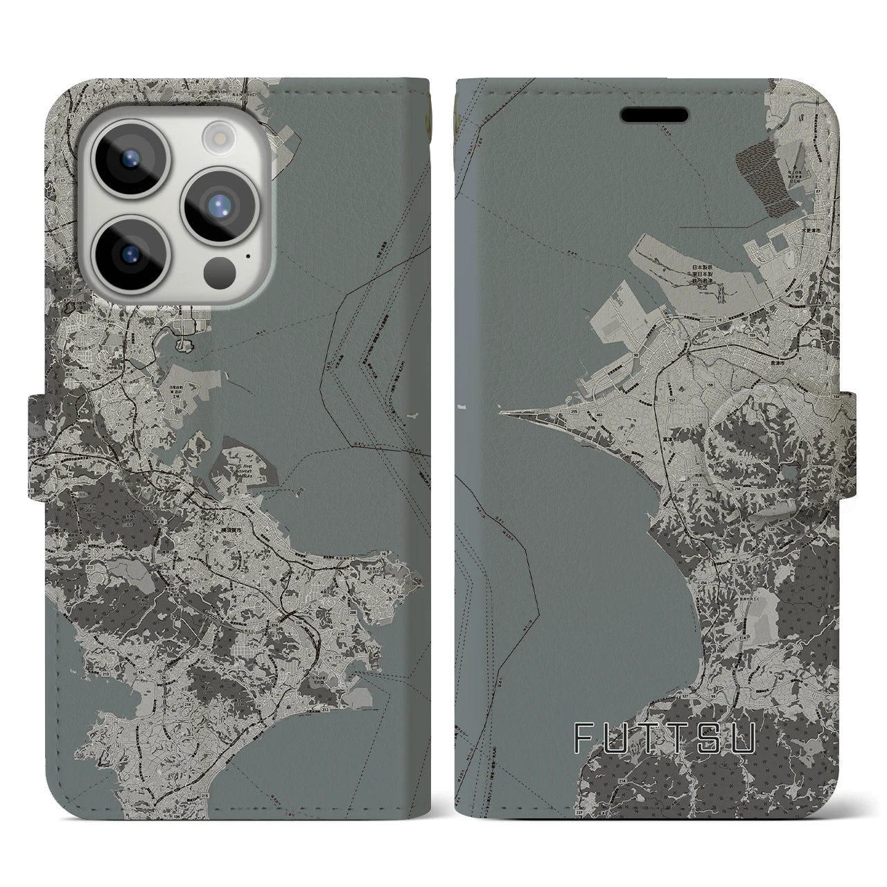 【富津(千葉県)】地図柄iPhoneケース(手帳タイプ)モノトーン・iPhone 15 Pro 用