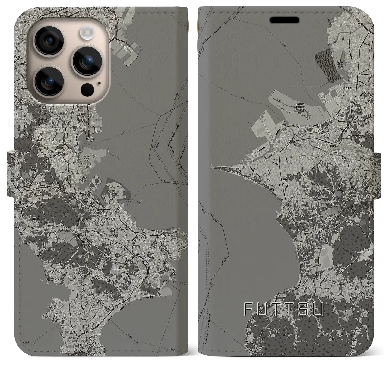 【富津(千葉県)】地図柄iPhoneケース(手帳タイプ)モノトーン・iPhone 16 Plus 用