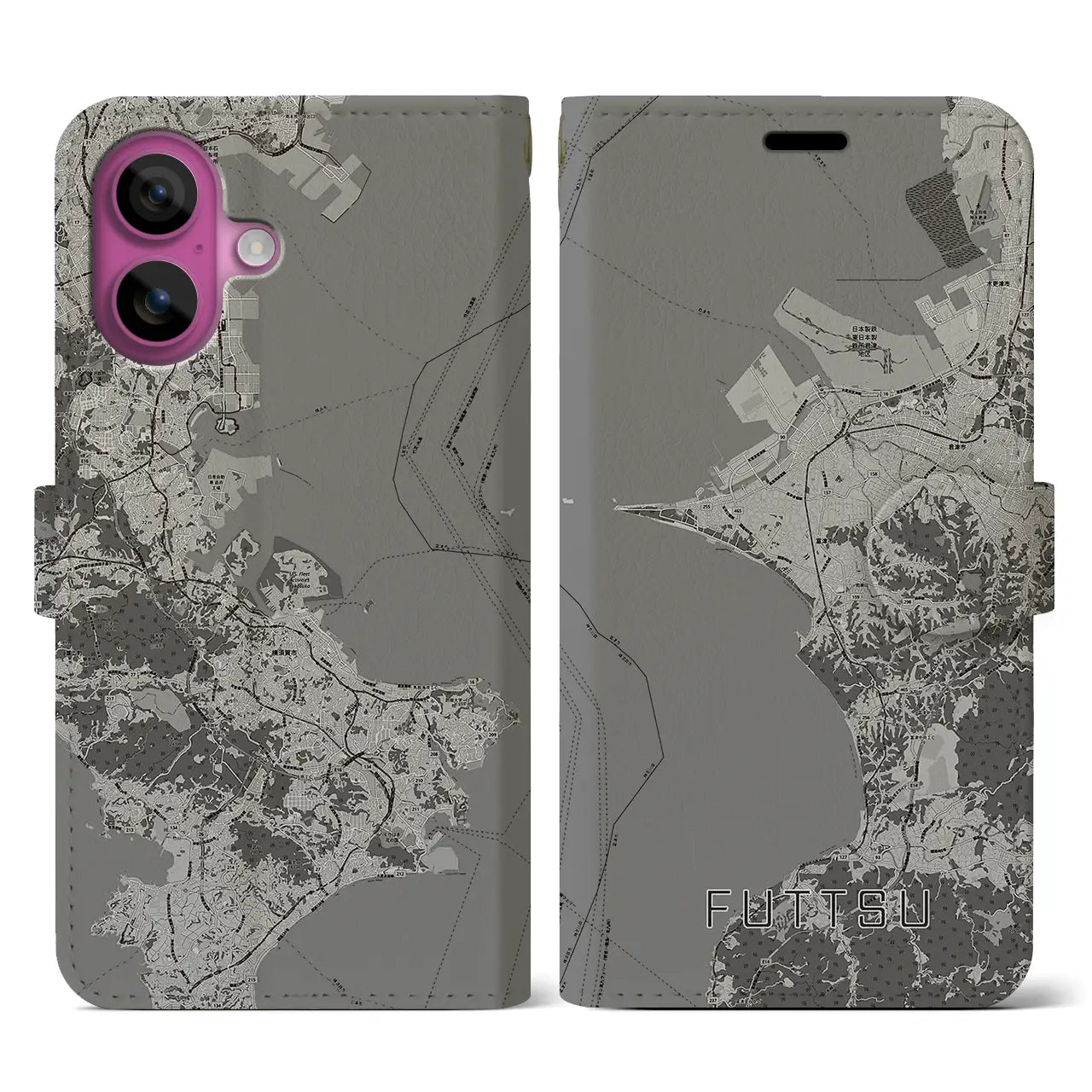 【富津(千葉県)】地図柄iPhoneケース(手帳タイプ)モノトーン・iPhone 16 Pro 用