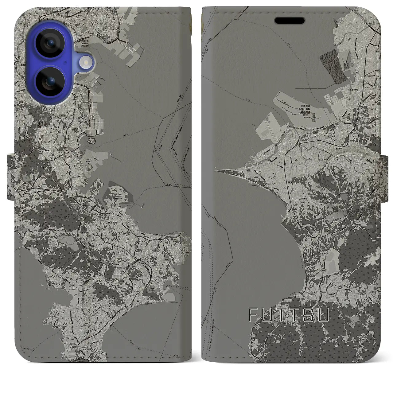 【富津(千葉県)】地図柄iPhoneケース(手帳タイプ)モノトーン・iPhone 16 Pro Max 用
