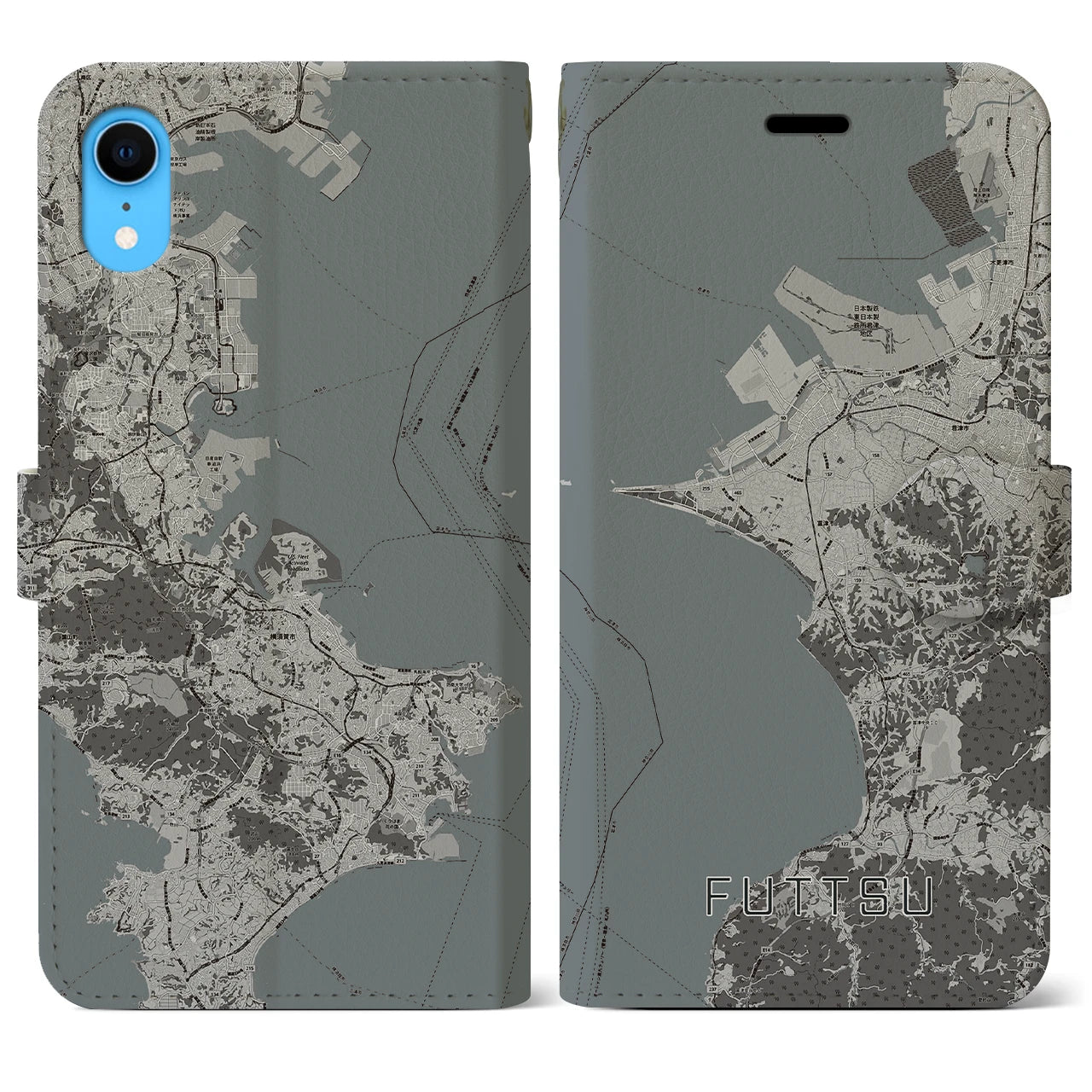 【富津(千葉県)】地図柄iPhoneケース(手帳タイプ)モノトーン・iPhone XR 用