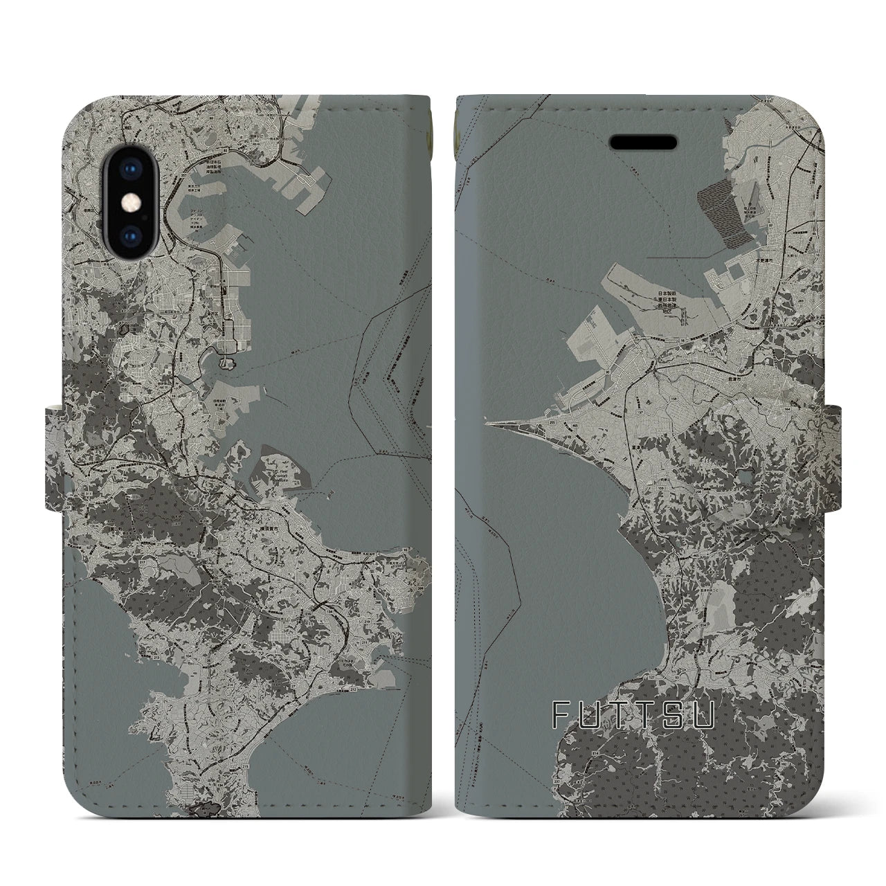 【富津(千葉県)】地図柄iPhoneケース(手帳タイプ)モノトーン・iPhone XS / X 用