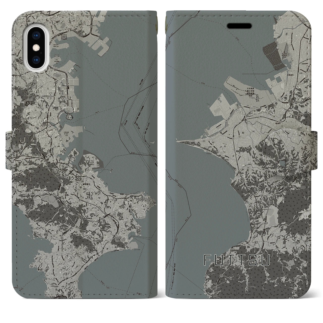 【富津(千葉県)】地図柄iPhoneケース(手帳タイプ)モノトーン・iPhone XS Max 用