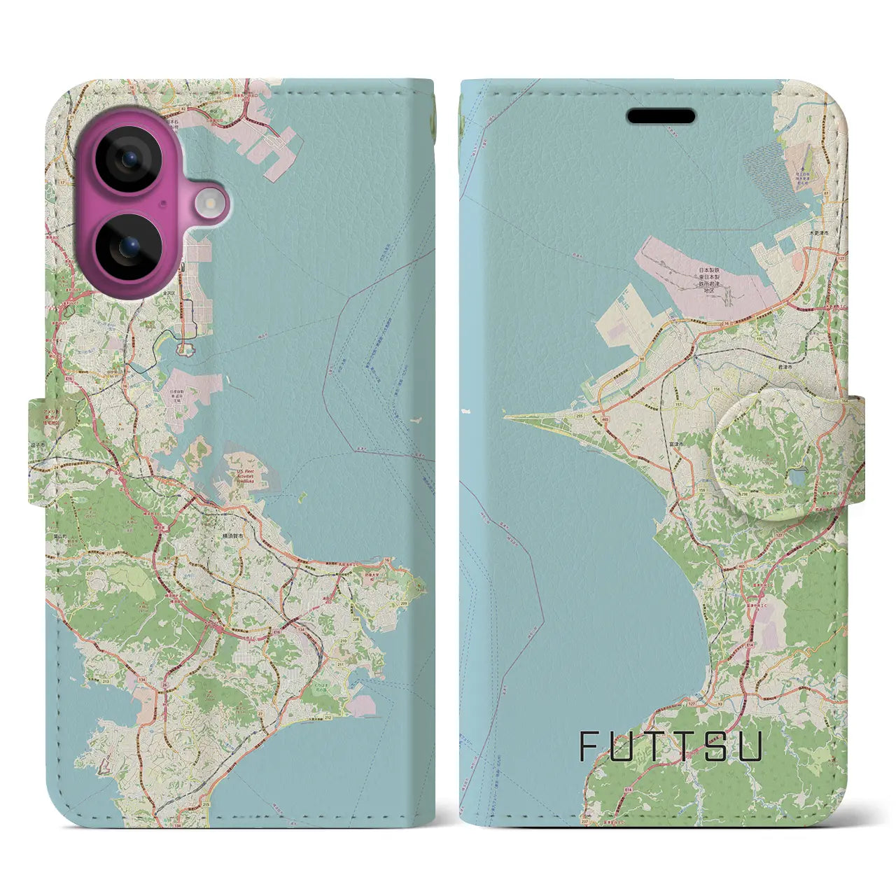 【富津(千葉県)】地図柄iPhoneケース(手帳タイプ)ナチュラル・iPhone 16 Pro 用