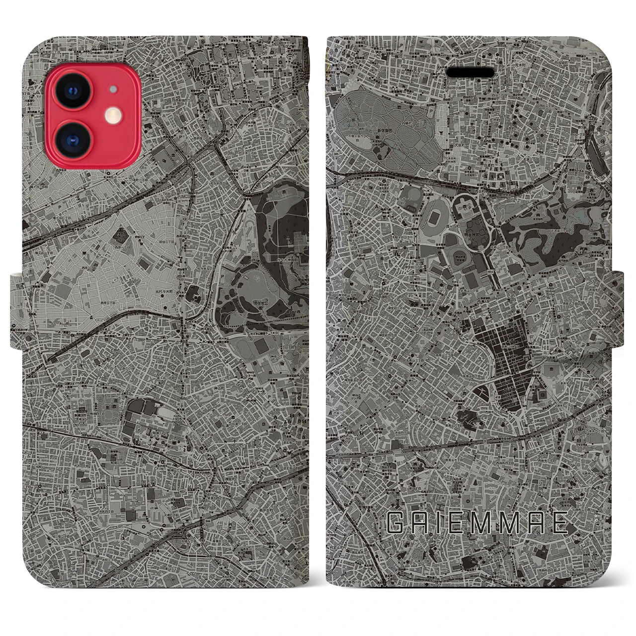 【外苑前(東京都)】地図柄iPhoneケース(手帳タイプ)モノトーン・iPhone 11 用