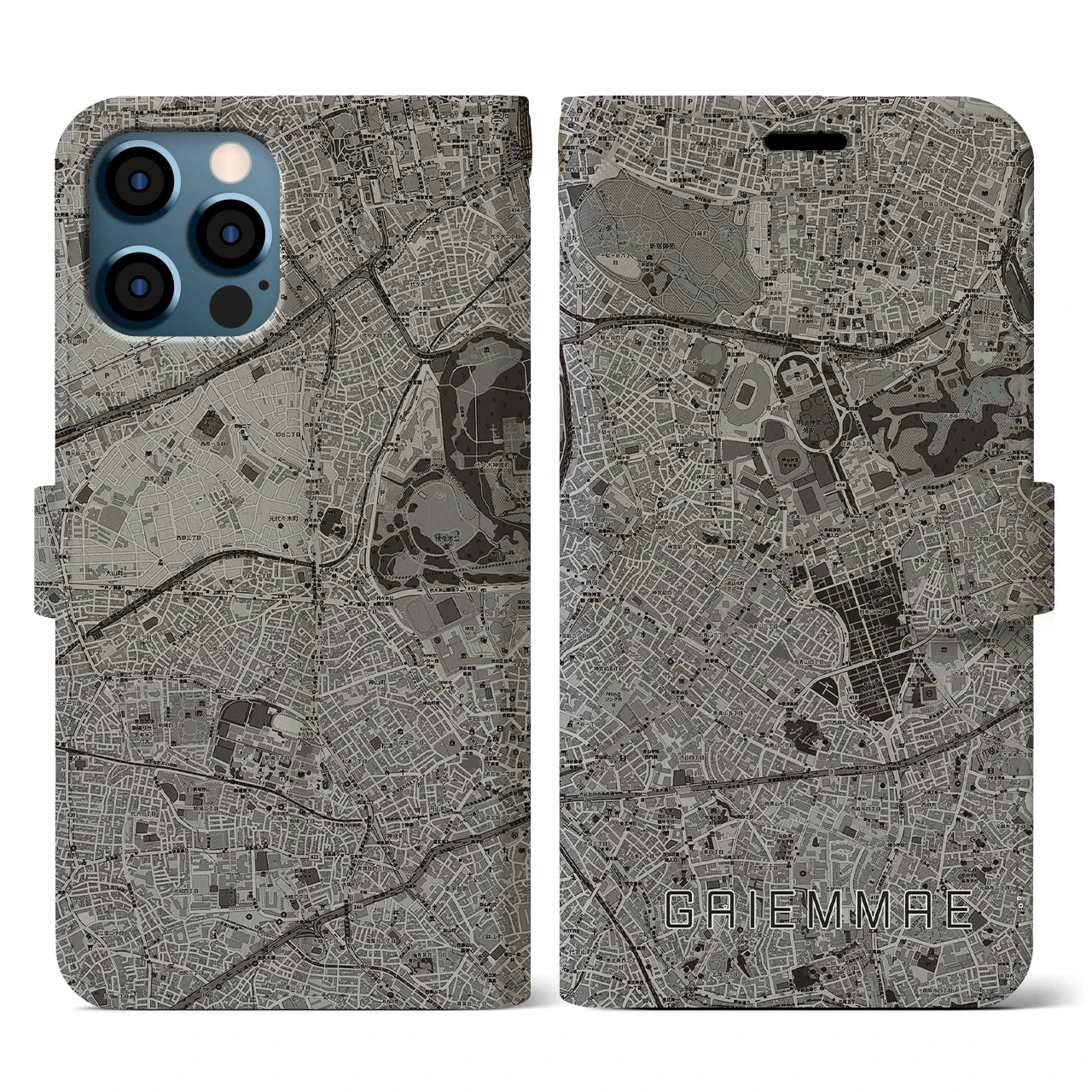 【外苑前(東京都)】地図柄iPhoneケース(手帳タイプ)モノトーン・iPhone 12 / 12 Pro 用