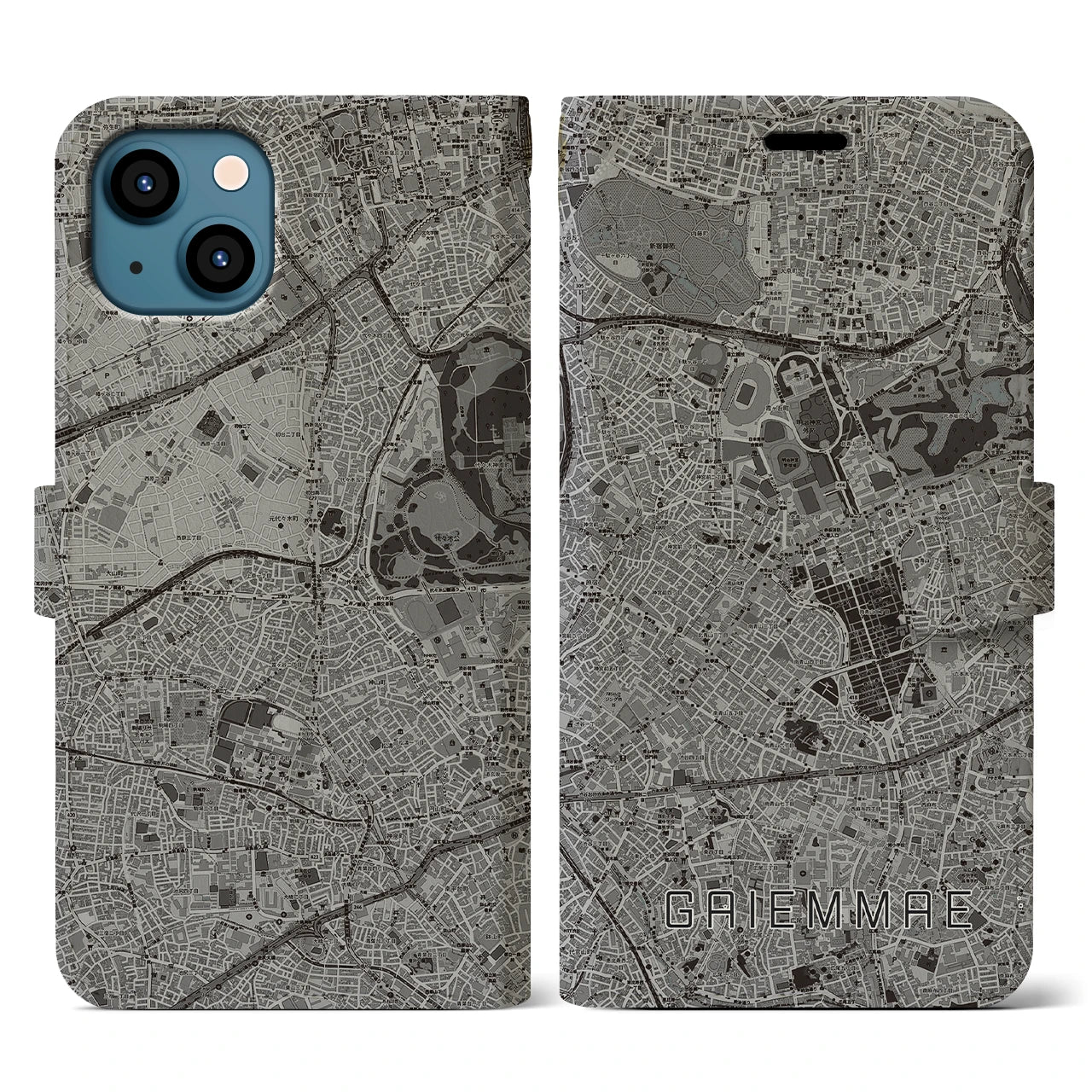 【外苑前(東京都)】地図柄iPhoneケース(手帳タイプ)モノトーン・iPhone 13 用