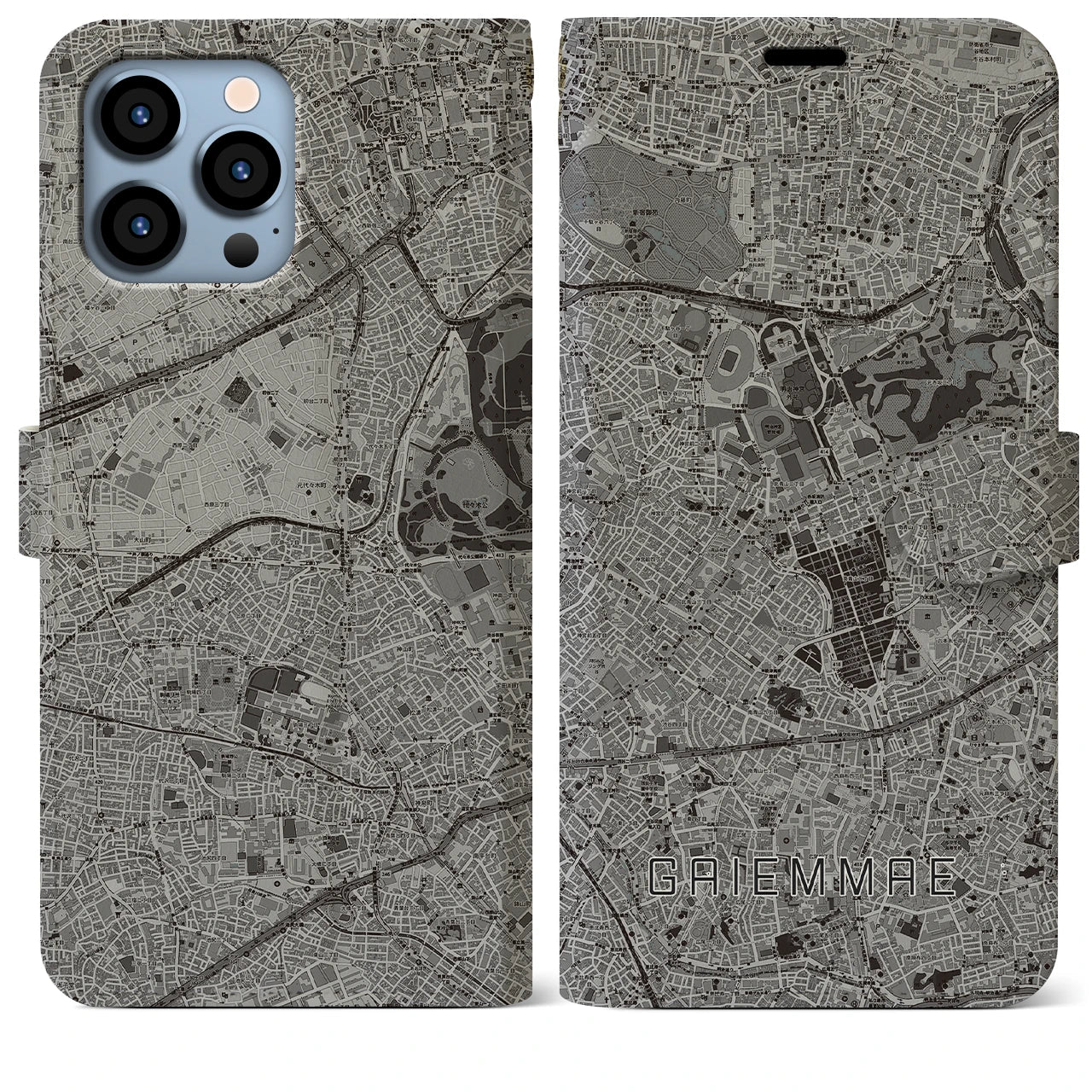 【外苑前(東京都)】地図柄iPhoneケース(手帳タイプ)モノトーン・iPhone 13 Pro Max 用