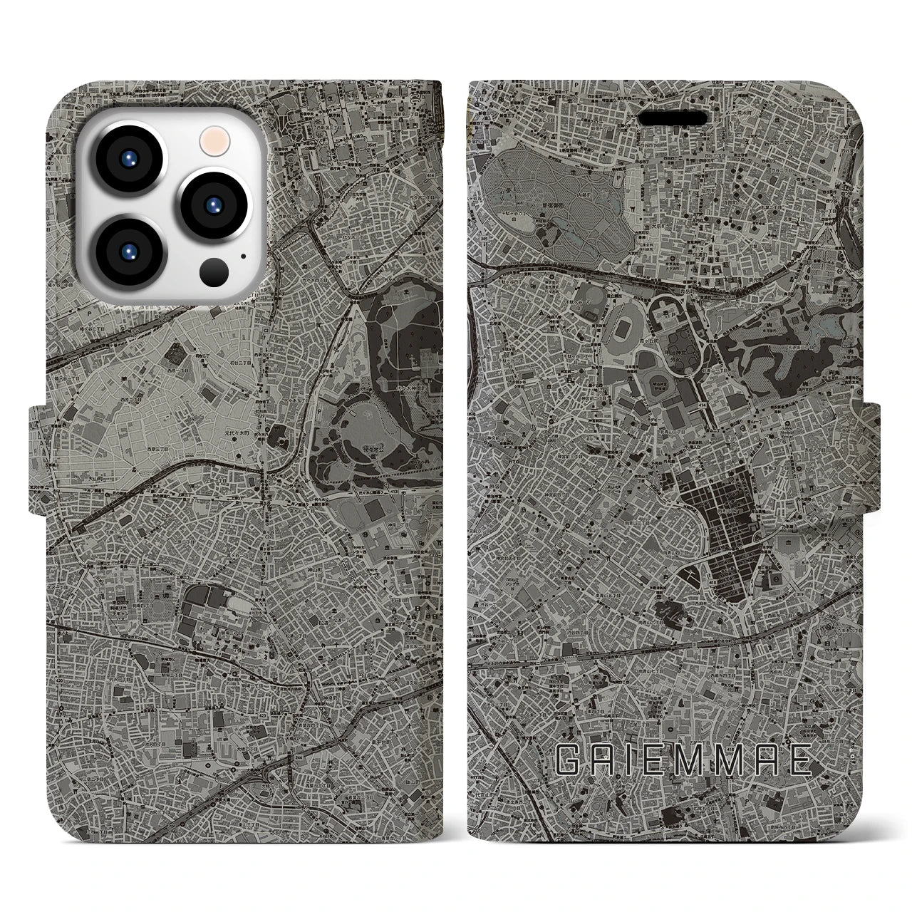 【外苑前(東京都)】地図柄iPhoneケース(手帳タイプ)モノトーン・iPhone 13 Pro 用
