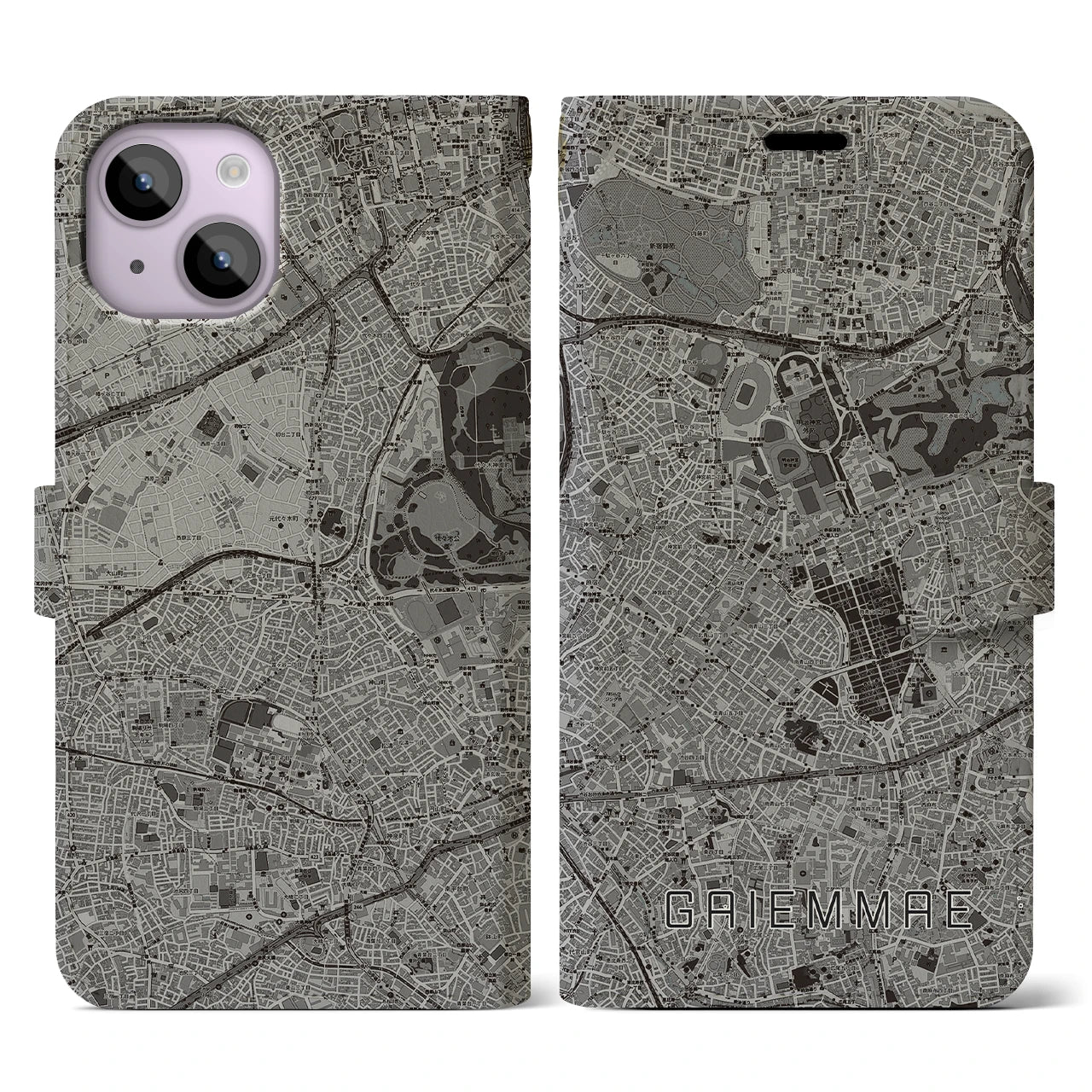 【外苑前(東京都)】地図柄iPhoneケース(手帳タイプ)モノトーン・iPhone 14 用