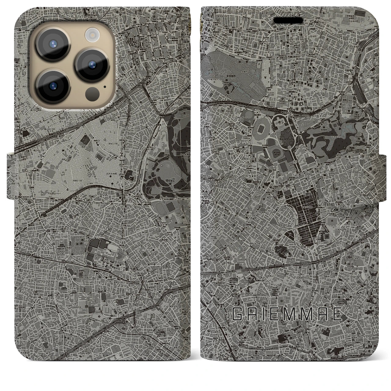 【外苑前(東京都)】地図柄iPhoneケース(手帳タイプ)モノトーン・iPhone 14 Pro Max 用