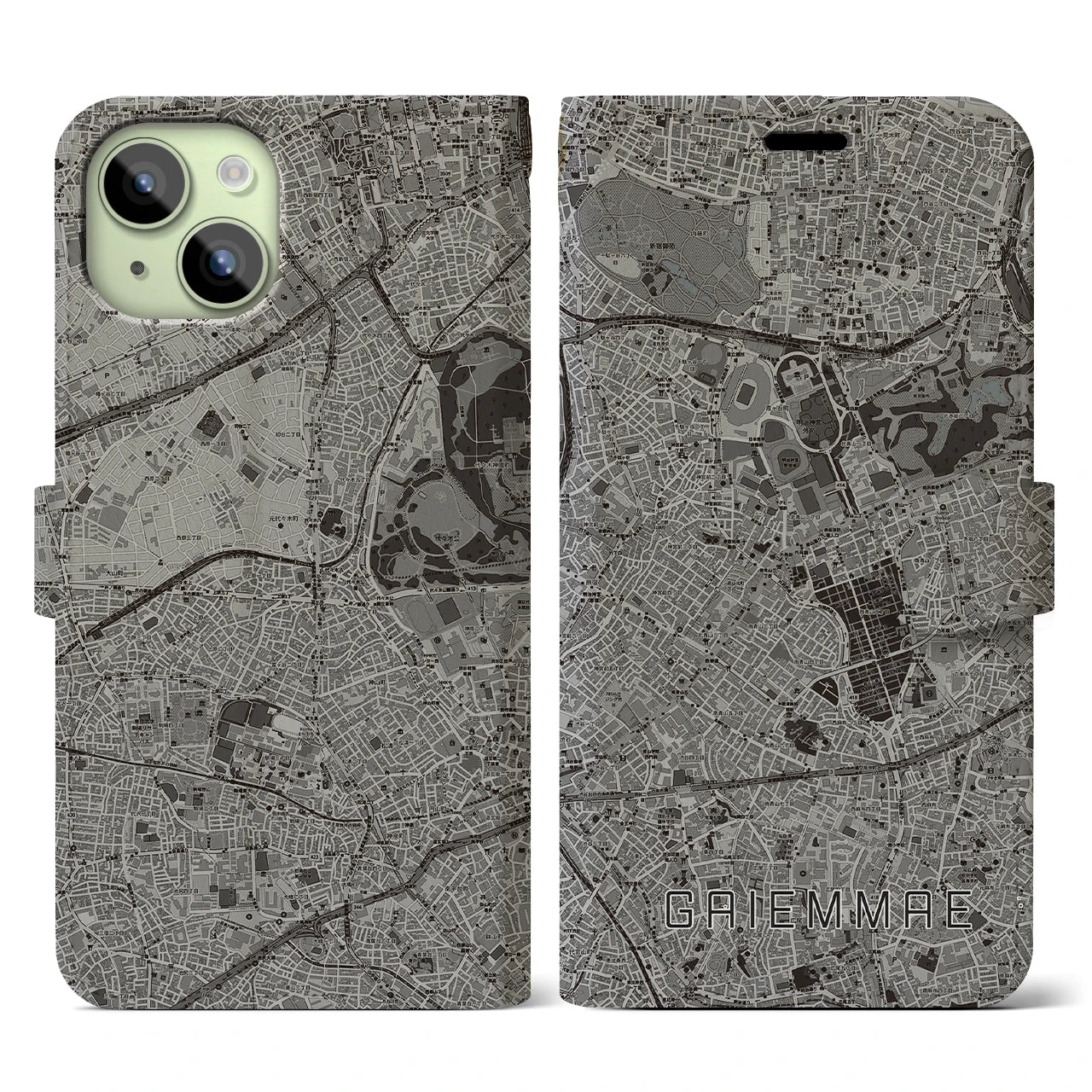 【外苑前(東京都)】地図柄iPhoneケース(手帳タイプ)モノトーン・iPhone 15 用