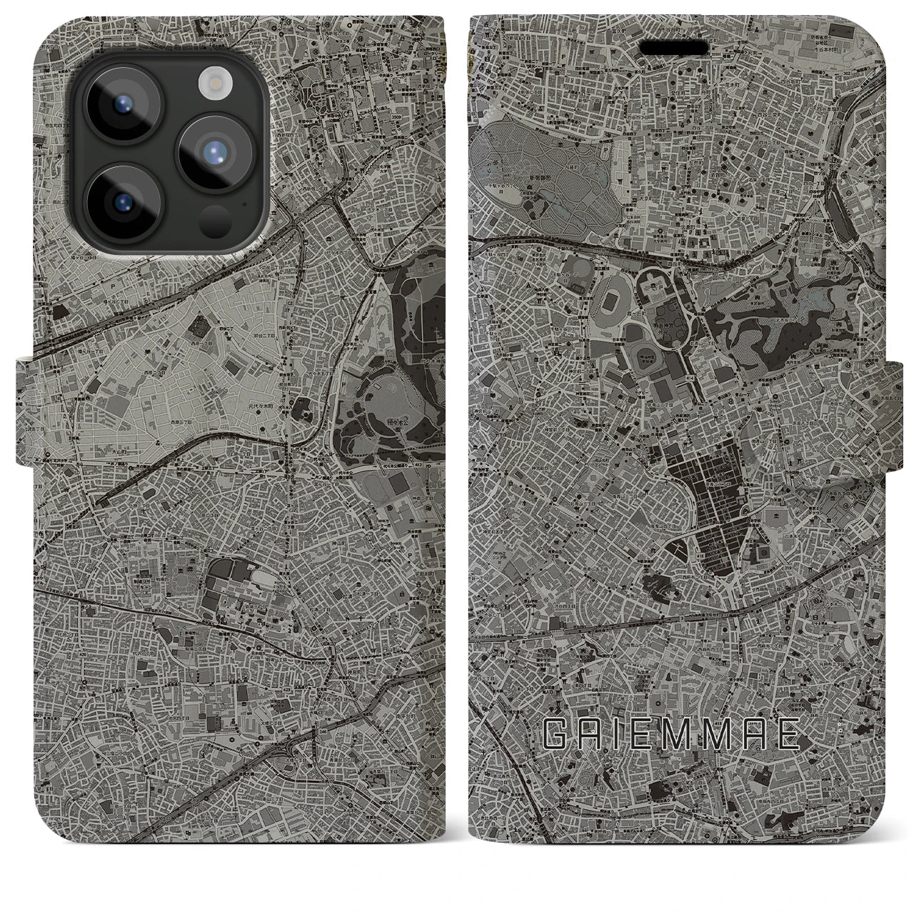 【外苑前(東京都)】地図柄iPhoneケース(手帳タイプ)モノトーン・iPhone 15 Pro Max 用