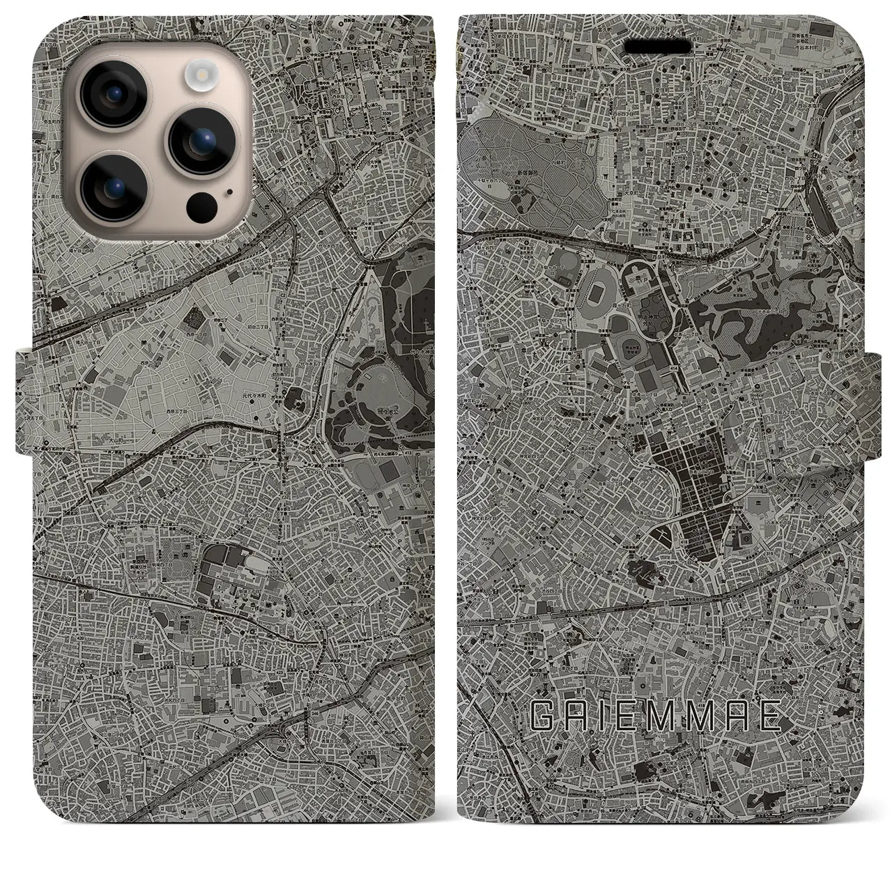 【外苑前(東京都)】地図柄iPhoneケース(手帳タイプ)モノトーン・iPhone 16 Plus 用