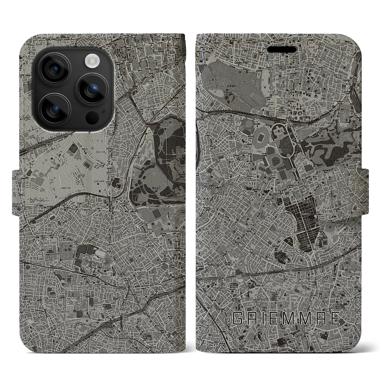 【外苑前(東京都)】地図柄iPhoneケース(手帳タイプ)モノトーン・iPhone 16 用
