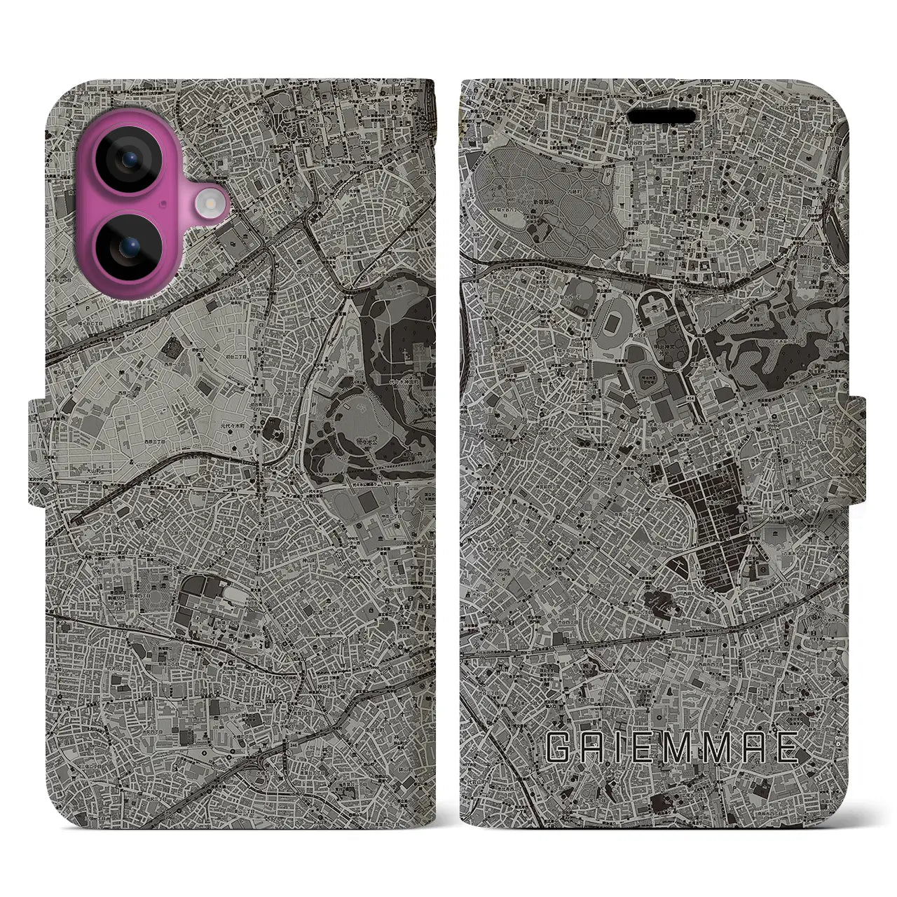【外苑前(東京都)】地図柄iPhoneケース(手帳タイプ)モノトーン・iPhone 16 Pro 用