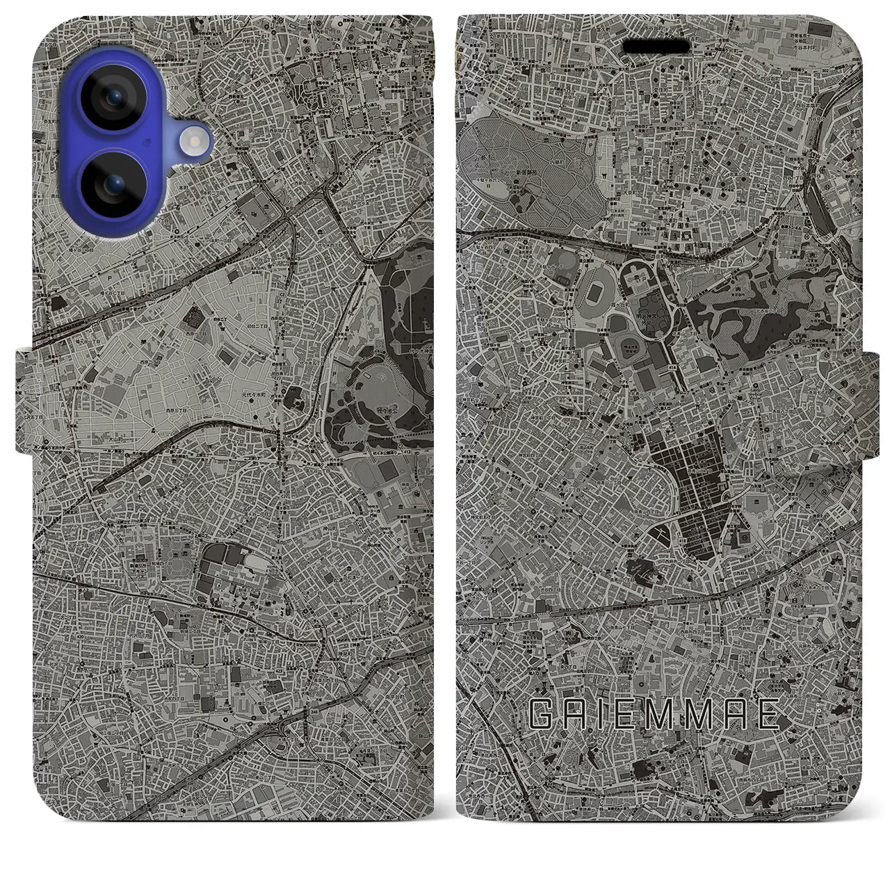 【外苑前(東京都)】地図柄iPhoneケース(手帳タイプ)モノトーン・iPhone 16 Pro Max 用