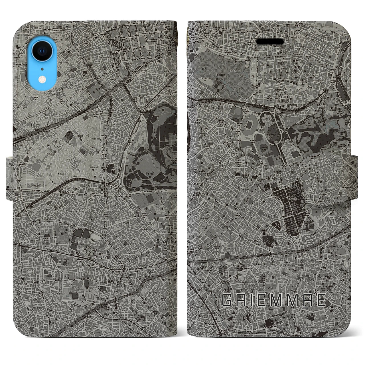 【外苑前(東京都)】地図柄iPhoneケース(手帳タイプ)モノトーン・iPhone XR 用