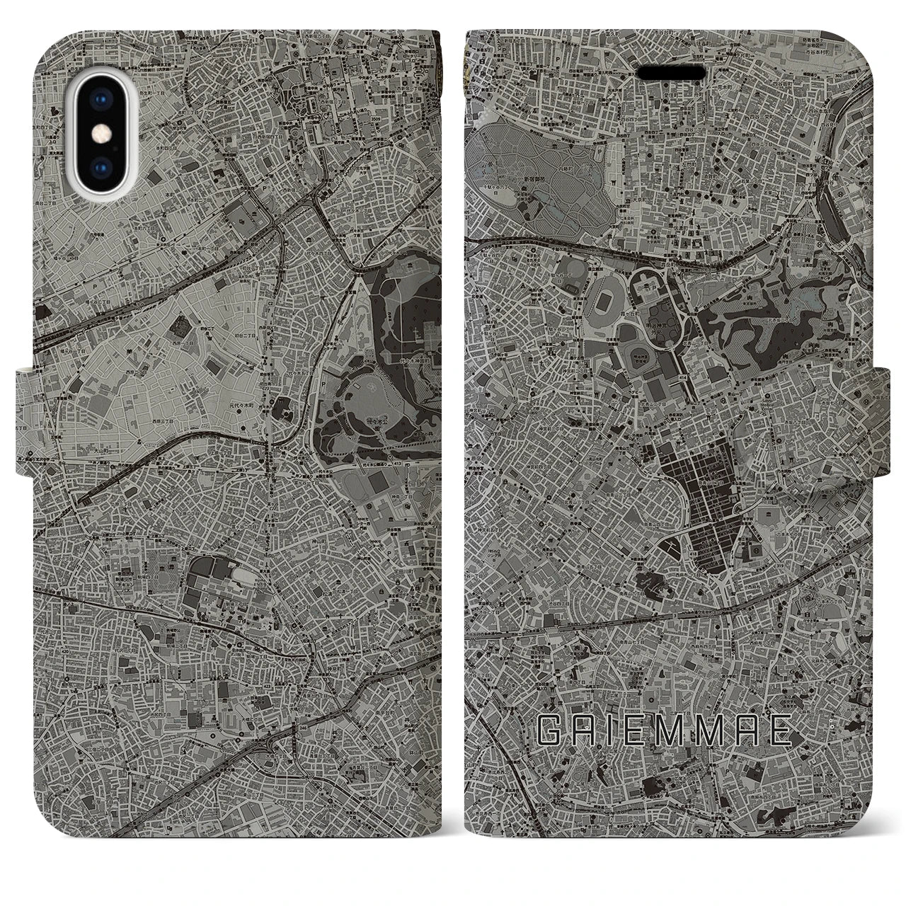 【外苑前(東京都)】地図柄iPhoneケース(手帳タイプ)モノトーン・iPhone XS Max 用