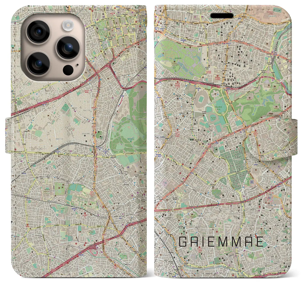 【外苑前(東京都)】地図柄iPhoneケース(手帳タイプ)ナチュラル・iPhone 16 Plus 用