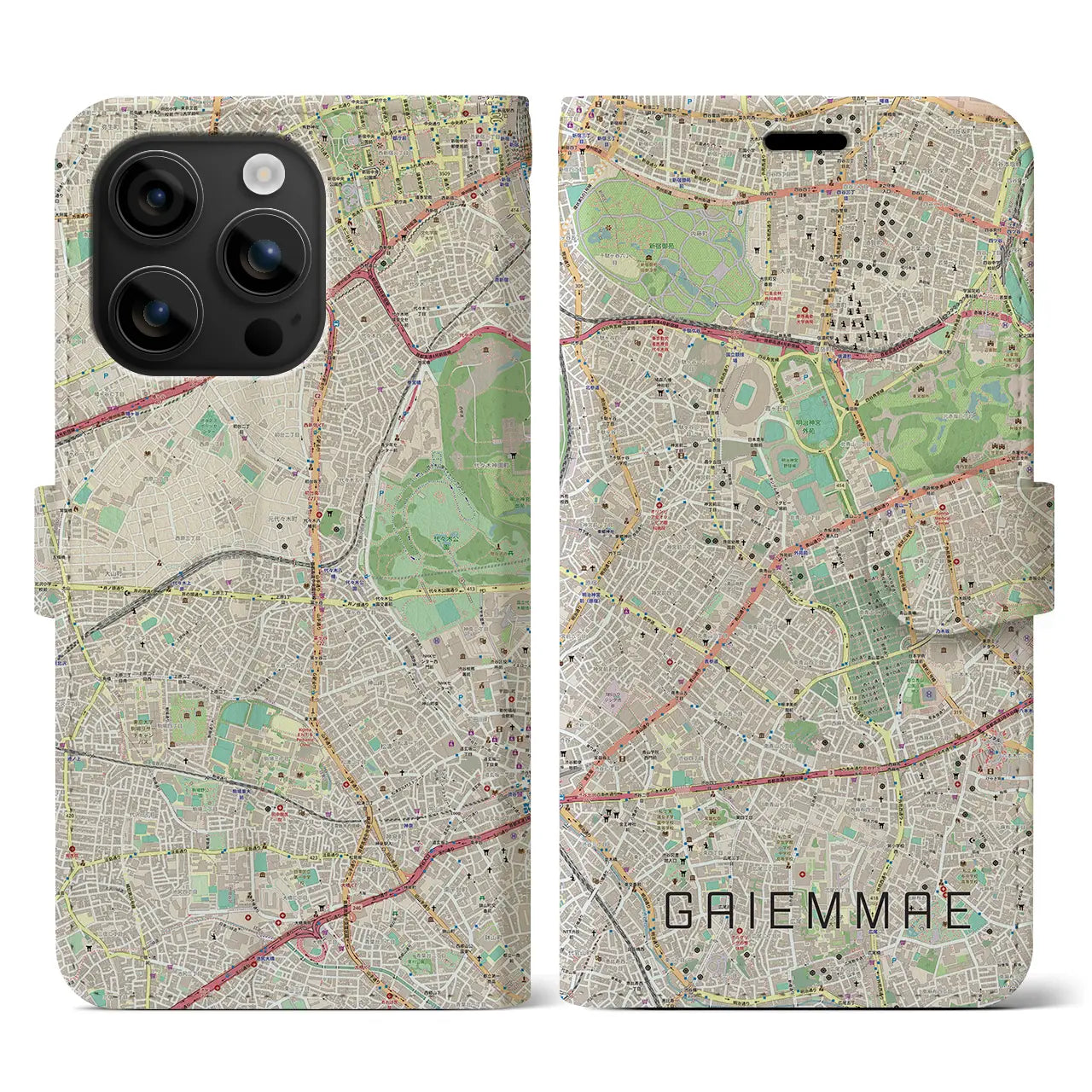 【外苑前(東京都)】地図柄iPhoneケース(手帳タイプ)ナチュラル・iPhone 16 用