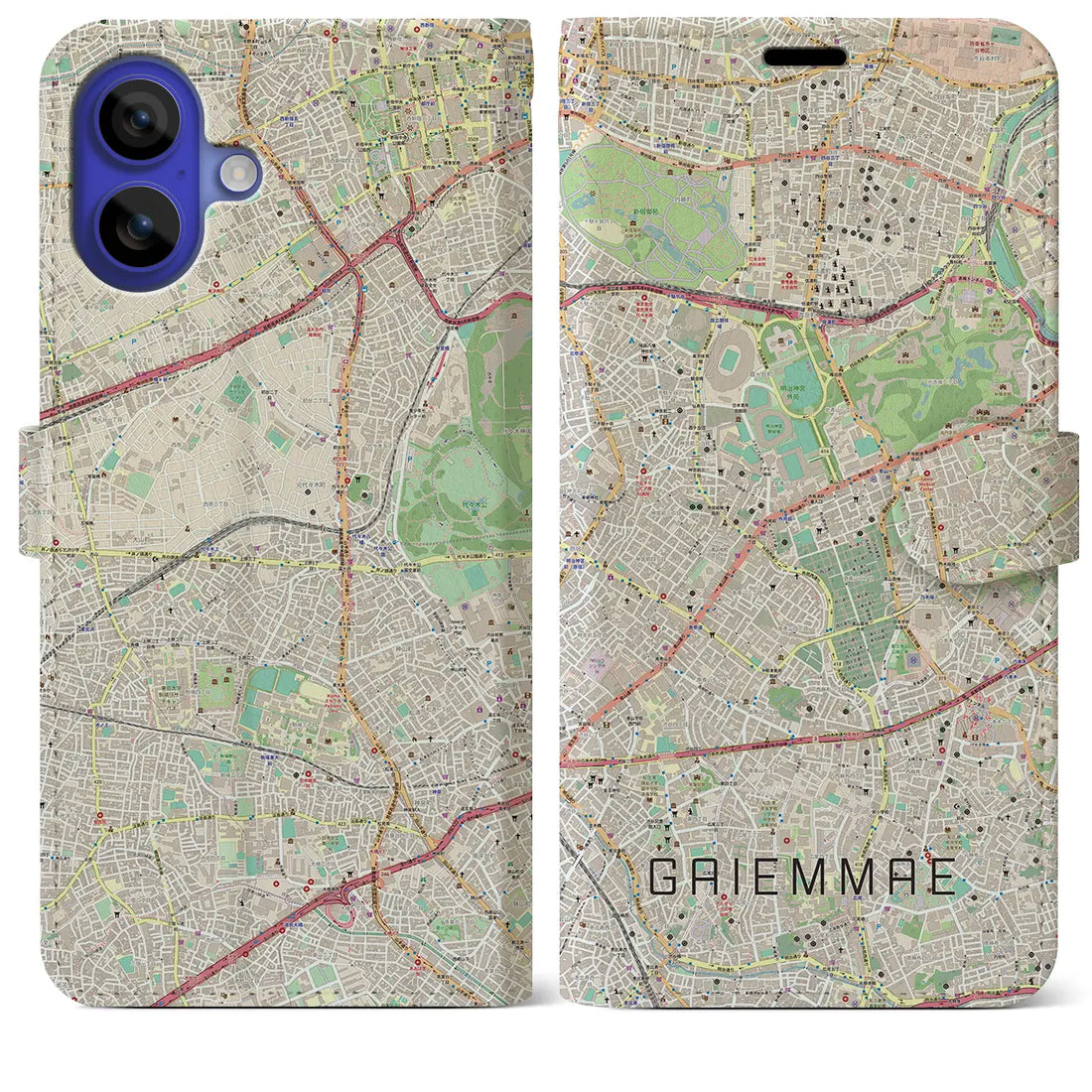 【外苑前(東京都)】地図柄iPhoneケース(手帳タイプ)ナチュラル・iPhone 16 Pro Max 用