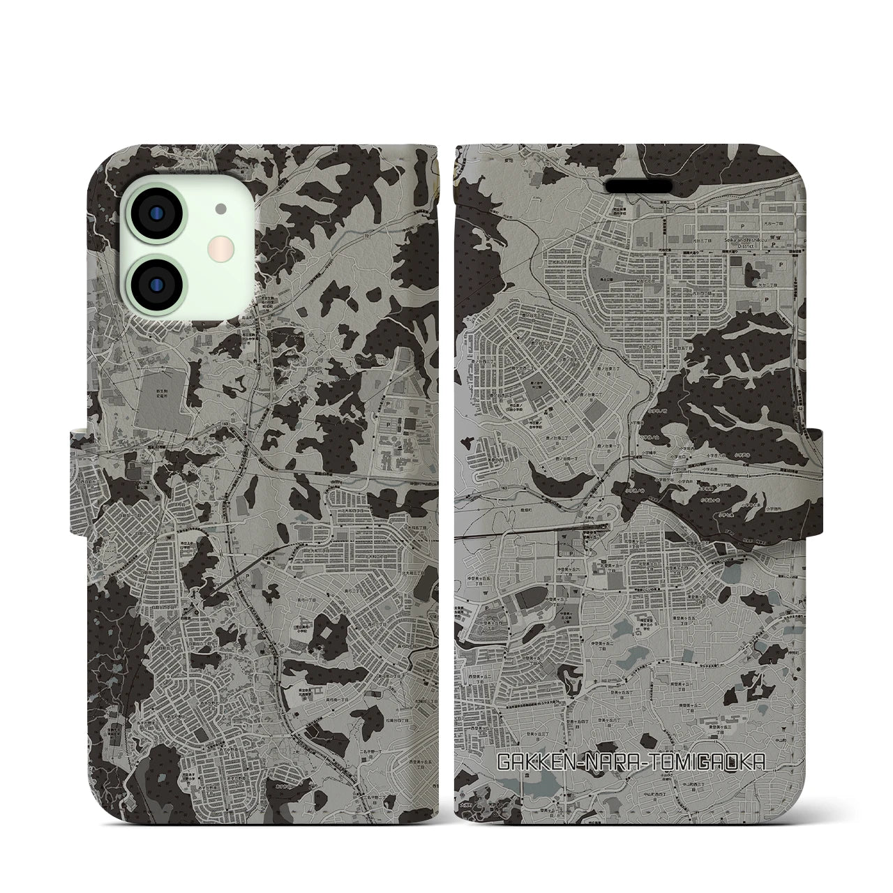 【学研奈良登美ヶ丘(奈良県)】地図柄iPhoneケース(手帳タイプ)モノトーン・iPhone 12 mini 用