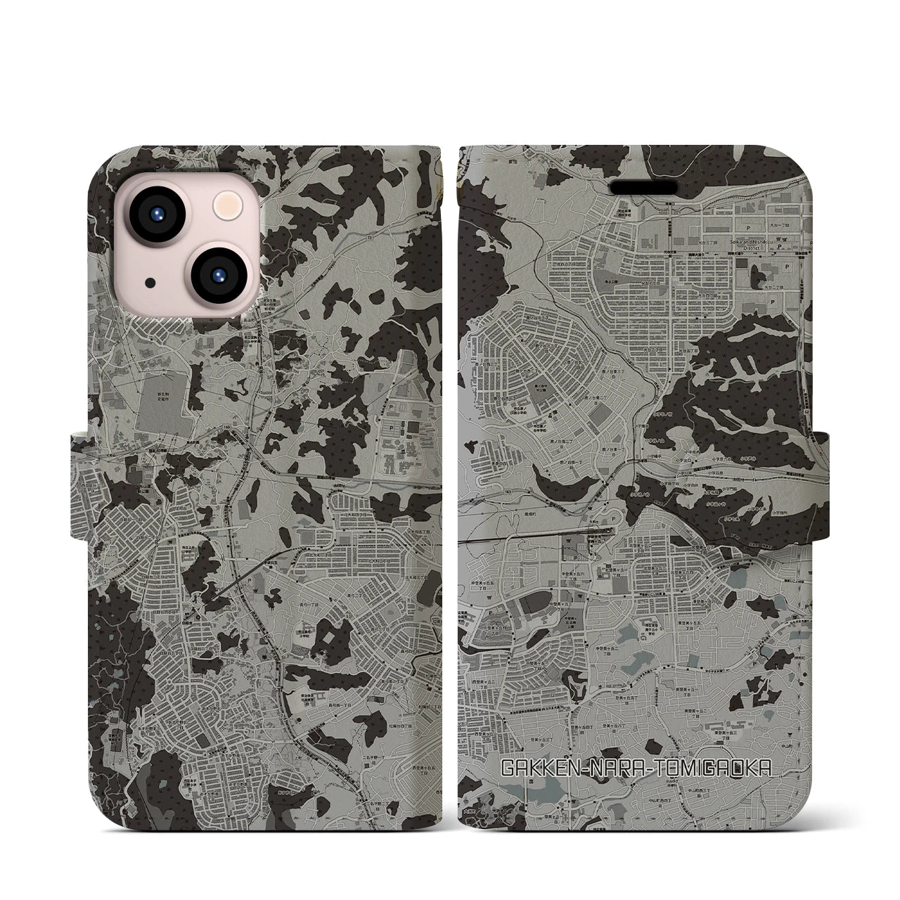 【学研奈良登美ヶ丘(奈良県)】地図柄iPhoneケース(手帳タイプ)モノトーン・iPhone 13 mini 用