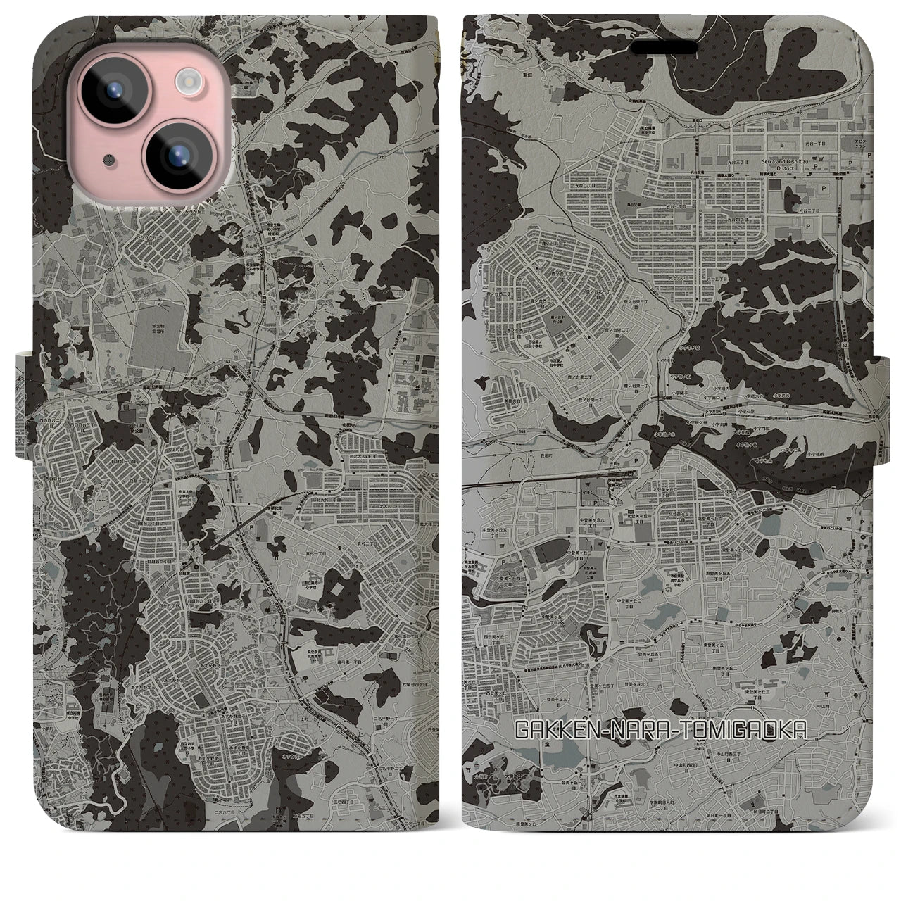 【学研奈良登美ヶ丘(奈良県)】地図柄iPhoneケース(手帳タイプ)モノトーン・iPhone 15 Plus 用