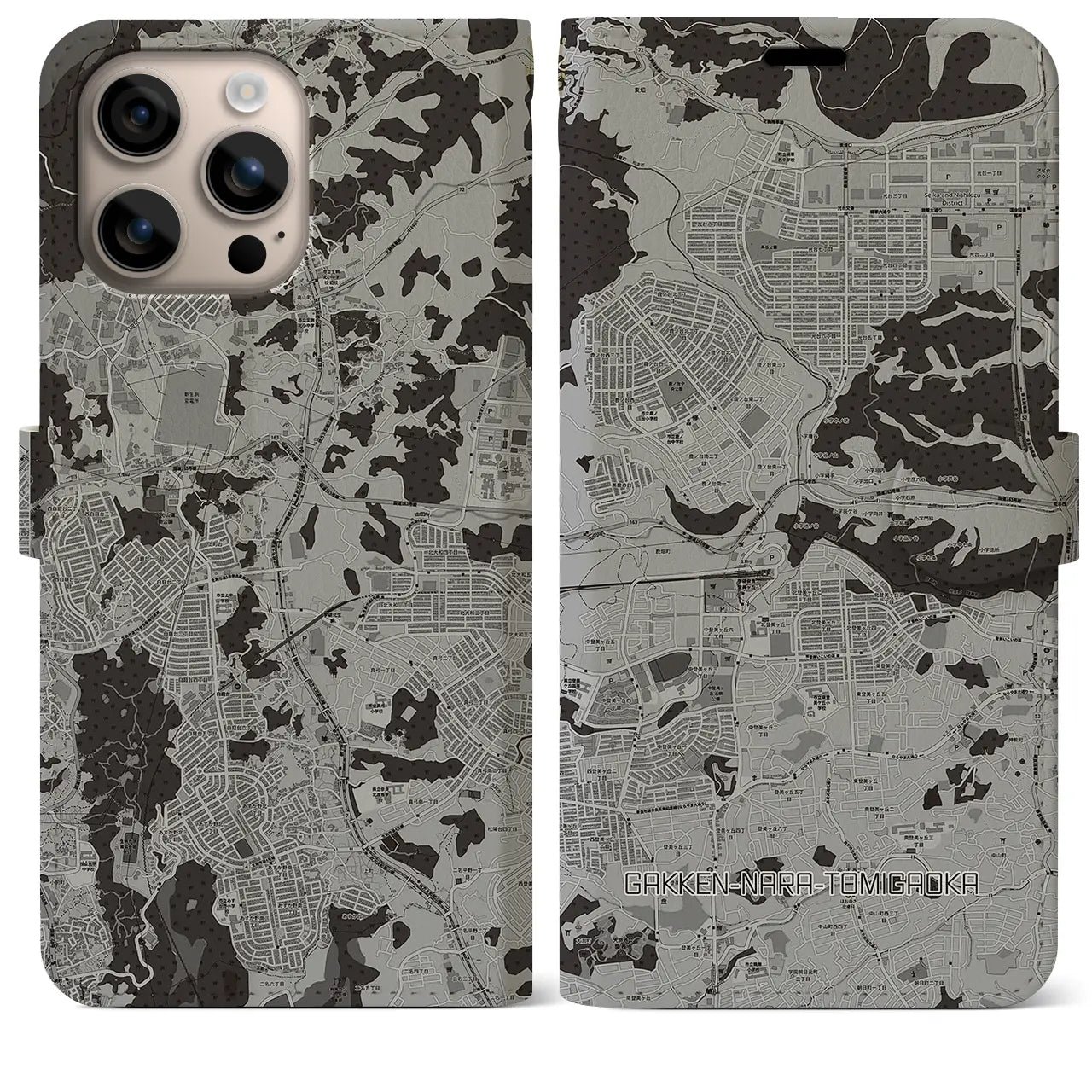 【学研奈良登美ヶ丘(奈良県)】地図柄iPhoneケース(手帳タイプ)モノトーン・iPhone 16 Plus 用