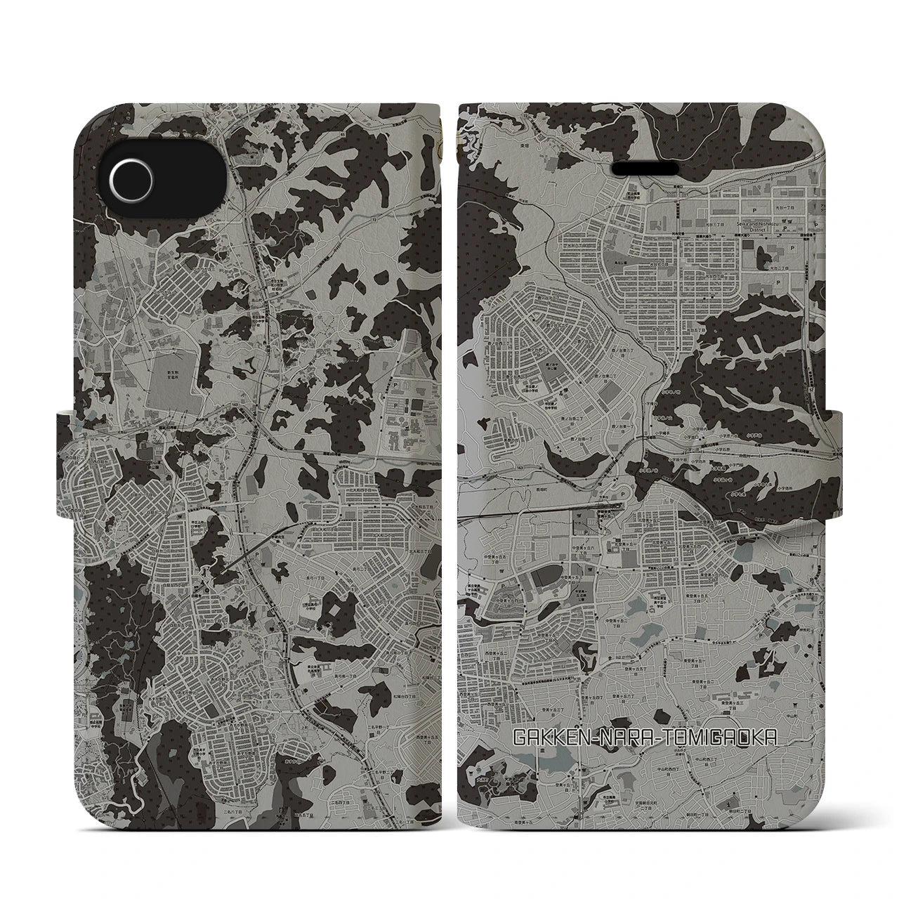【学研奈良登美ヶ丘(奈良県)】地図柄iPhoneケース(手帳タイプ)モノトーン・iPhone SE(第3 / 第2世代) / 8 / 7 / 6s / 6 用