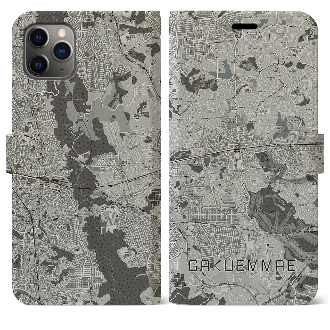 【学園前(奈良県)】地図柄iPhoneケース(手帳タイプ)モノトーン・iPhone 11 Pro Max 用