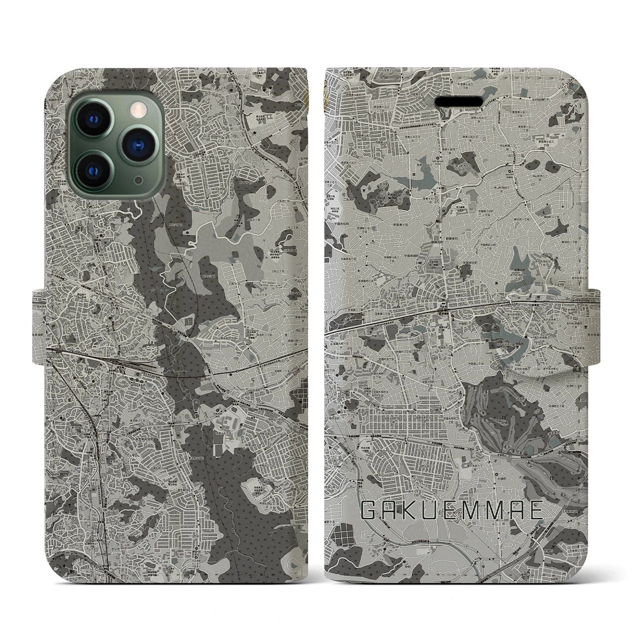 【学園前(奈良県)】地図柄iPhoneケース(手帳タイプ)モノトーン・iPhone 11 Pro 用