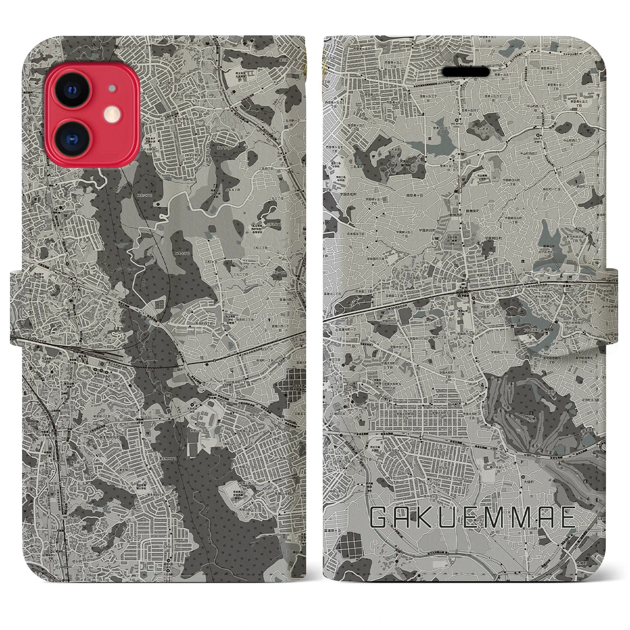 【学園前(奈良県)】地図柄iPhoneケース(手帳タイプ)モノトーン・iPhone 11 用