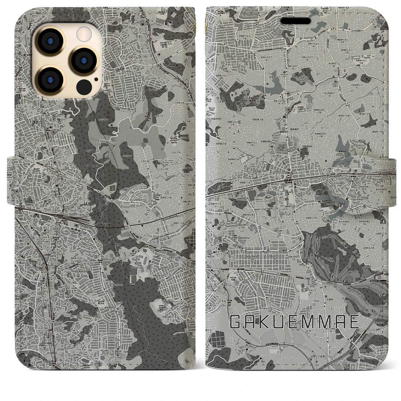 【学園前(奈良県)】地図柄iPhoneケース(手帳タイプ)モノトーン・iPhone 12 Pro Max 用