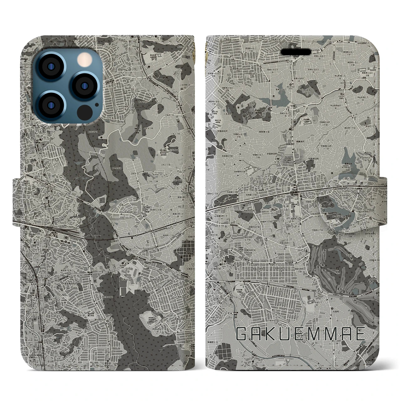 【学園前(奈良県)】地図柄iPhoneケース(手帳タイプ)モノトーン・iPhone 12 / 12 Pro 用