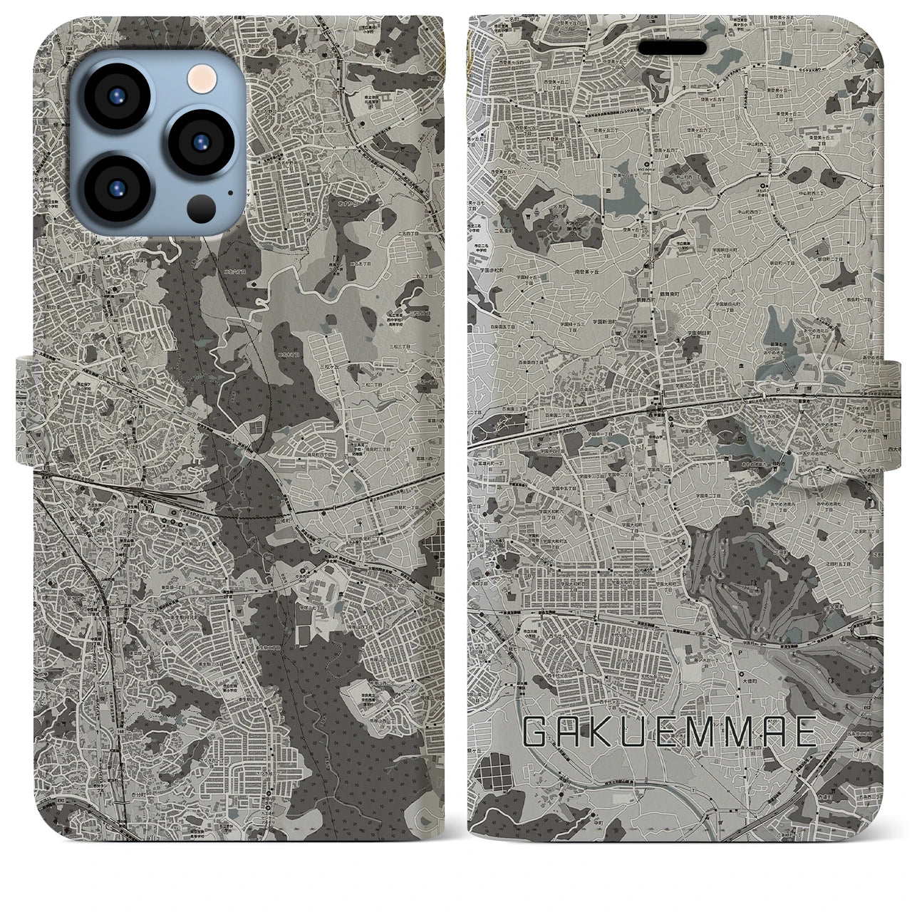 【学園前(奈良県)】地図柄iPhoneケース(手帳タイプ)モノトーン・iPhone 13 Pro Max 用