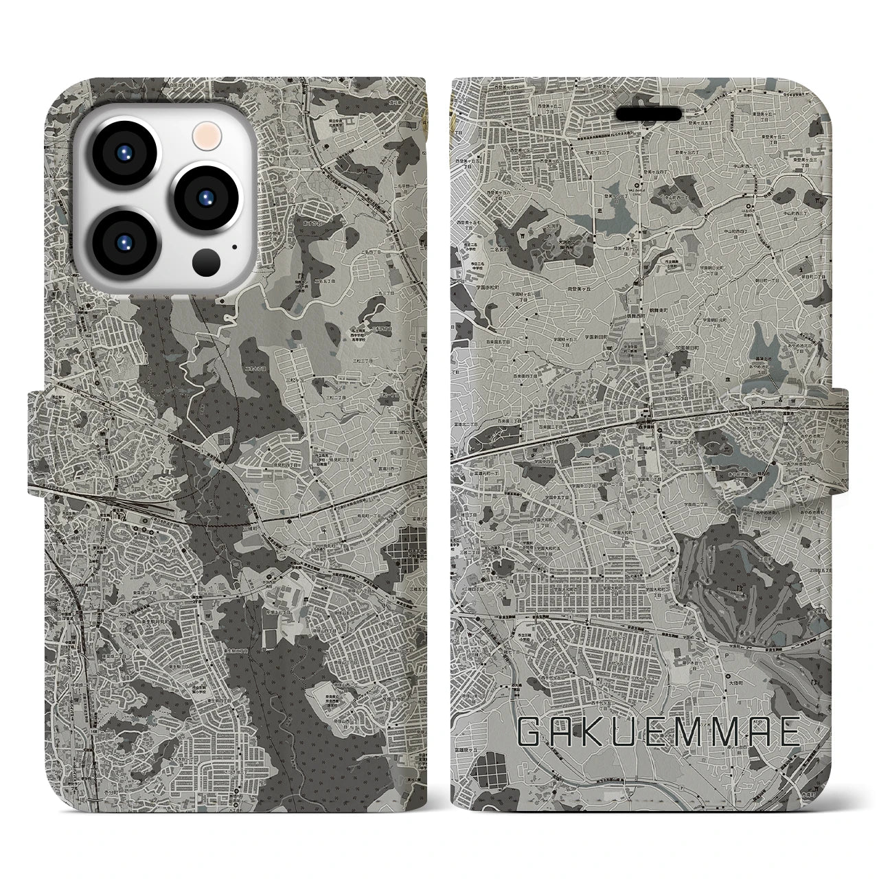 【学園前(奈良県)】地図柄iPhoneケース(手帳タイプ)モノトーン・iPhone 13 Pro 用