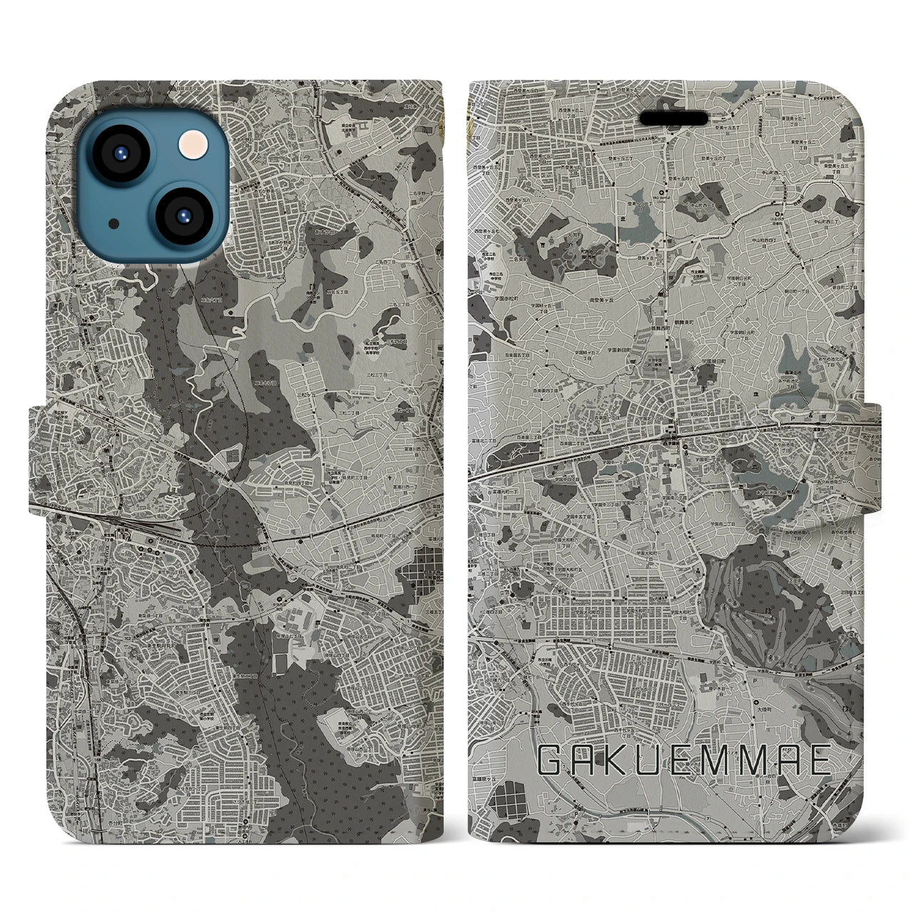 【学園前(奈良県)】地図柄iPhoneケース(手帳タイプ)モノトーン・iPhone 13 用