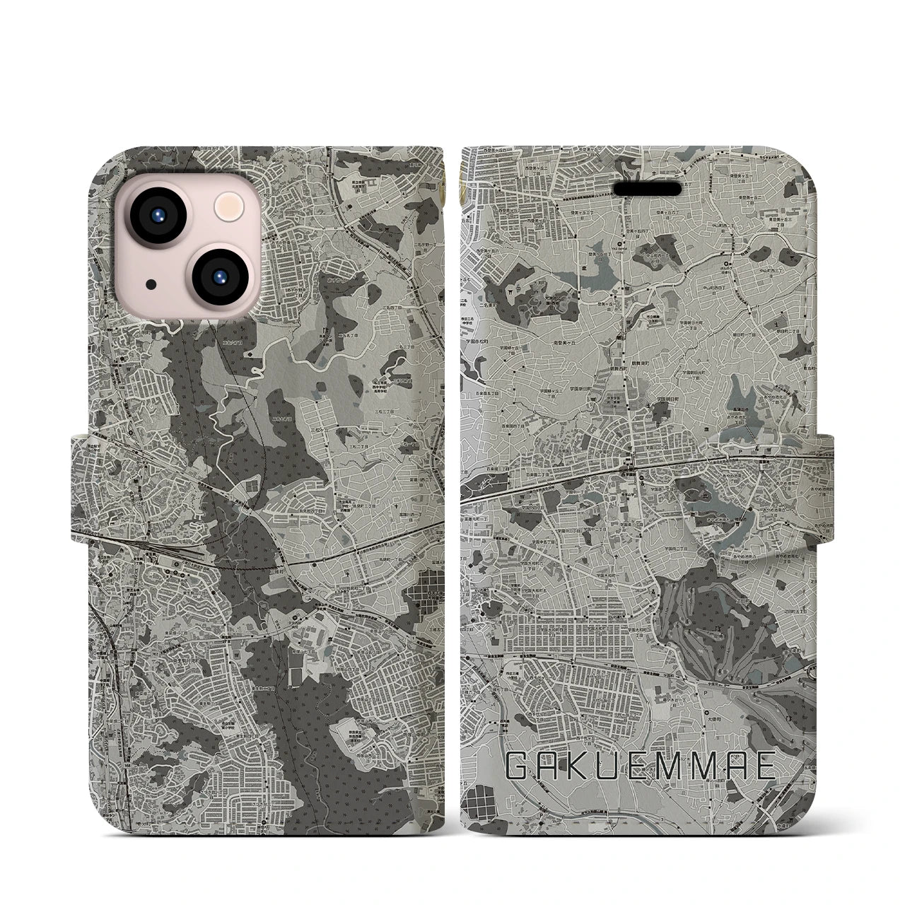 【学園前(奈良県)】地図柄iPhoneケース(手帳タイプ)モノトーン・iPhone 13 mini 用