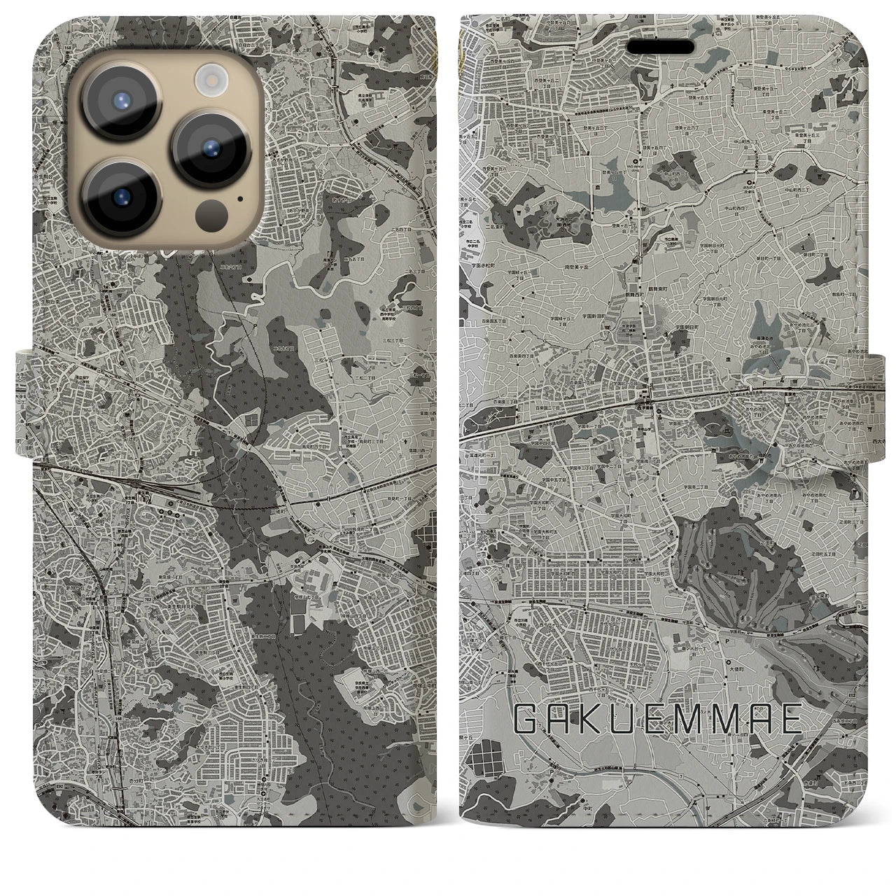 【学園前(奈良県)】地図柄iPhoneケース(手帳タイプ)モノトーン・iPhone 14 Pro Max 用