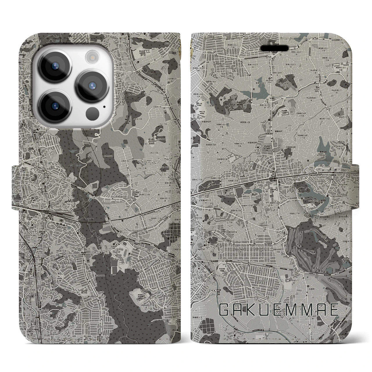 【学園前(奈良県)】地図柄iPhoneケース(手帳タイプ)モノトーン・iPhone 14 Pro 用