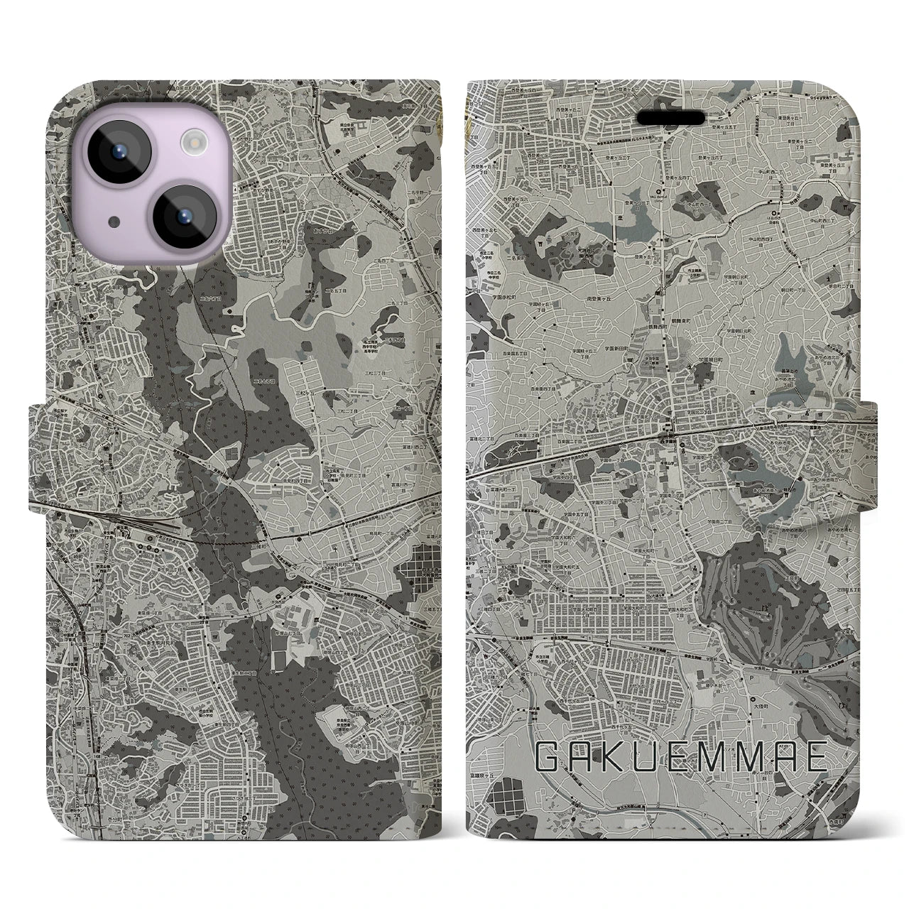 【学園前(奈良県)】地図柄iPhoneケース(手帳タイプ)モノトーン・iPhone 14 用