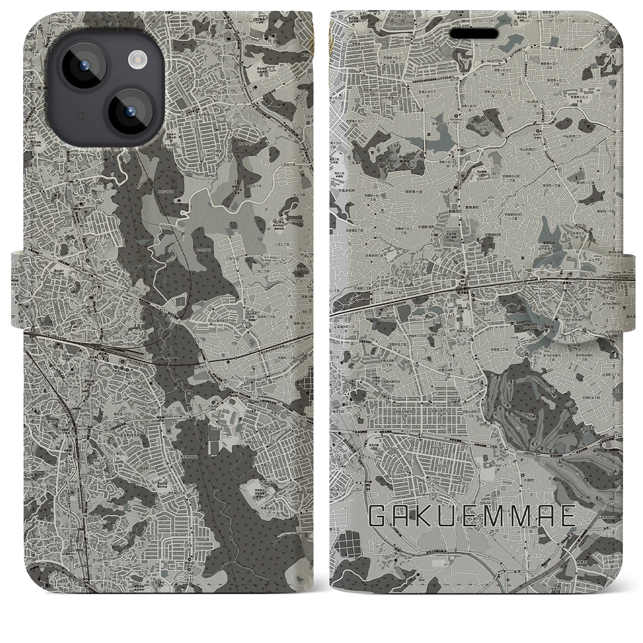 【学園前(奈良県)】地図柄iPhoneケース(手帳タイプ)モノトーン・iPhone 14 Plus 用