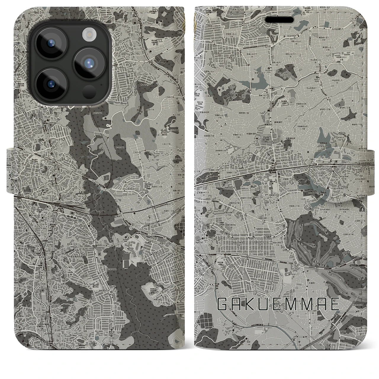 【学園前(奈良県)】地図柄iPhoneケース(手帳タイプ)モノトーン・iPhone 15 Pro Max 用