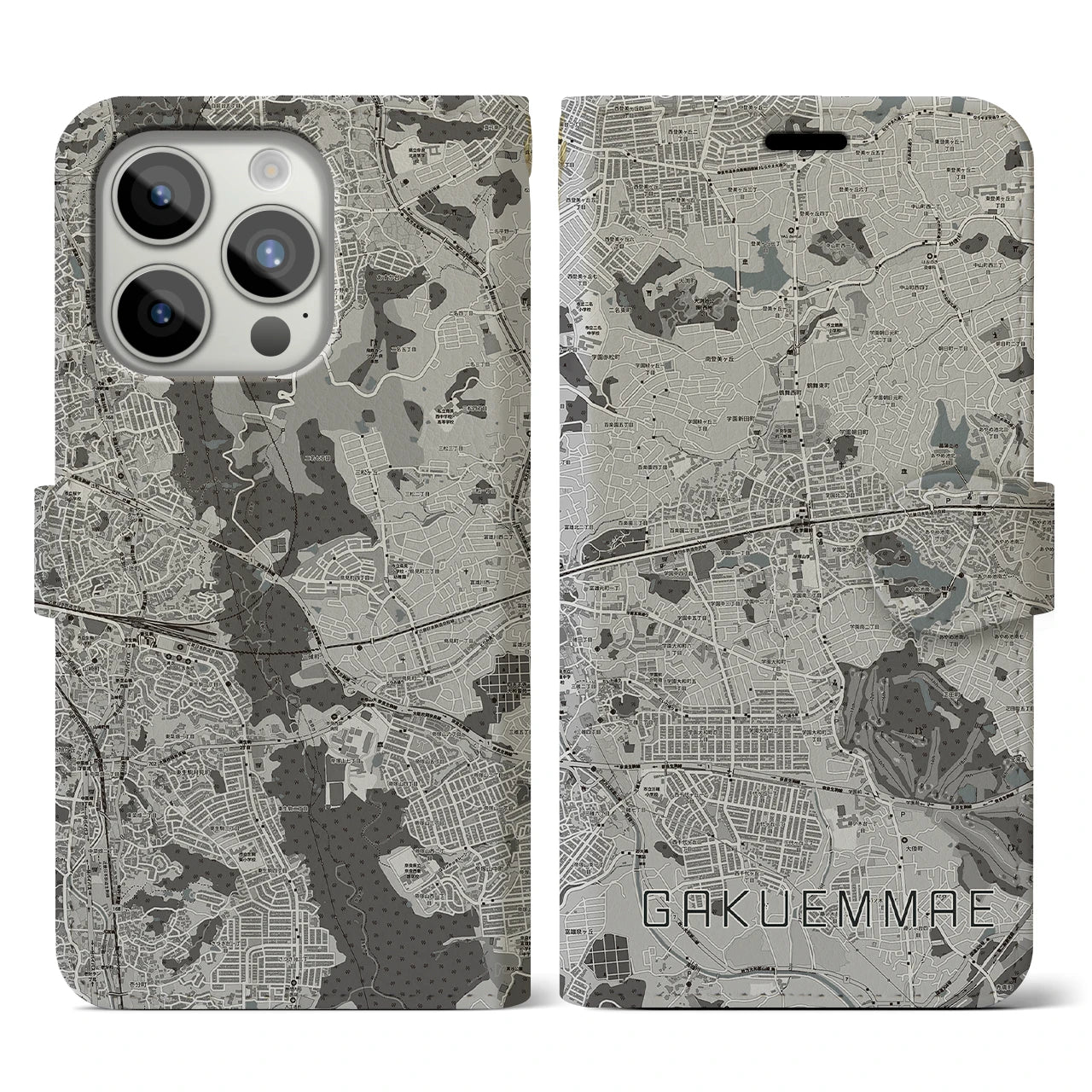 【学園前(奈良県)】地図柄iPhoneケース(手帳タイプ)モノトーン・iPhone 15 Pro 用