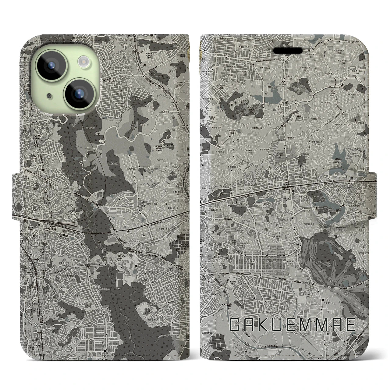 【学園前(奈良県)】地図柄iPhoneケース(手帳タイプ)モノトーン・iPhone 15 用