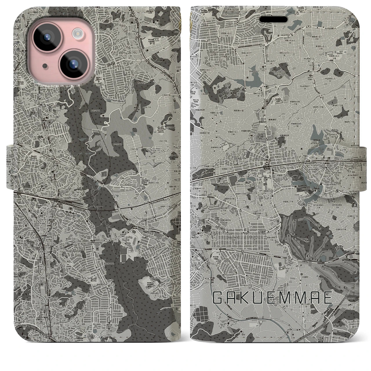 【学園前(奈良県)】地図柄iPhoneケース(手帳タイプ)モノトーン・iPhone 15 Plus 用