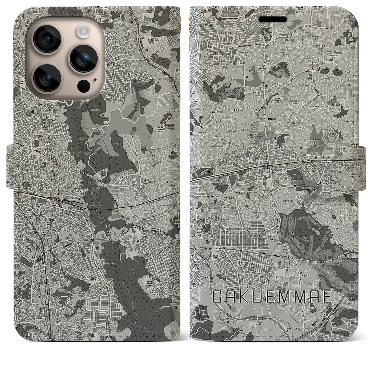 【学園前(奈良県)】地図柄iPhoneケース(手帳タイプ)モノトーン・iPhone 16 Plus 用