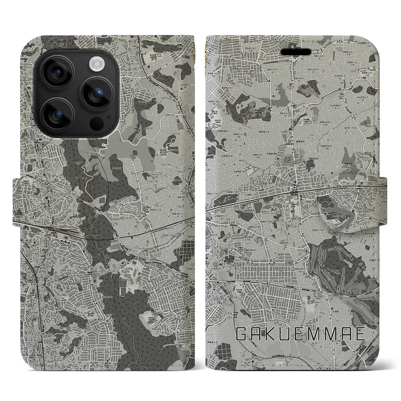 【学園前(奈良県)】地図柄iPhoneケース(手帳タイプ)モノトーン・iPhone 16 用